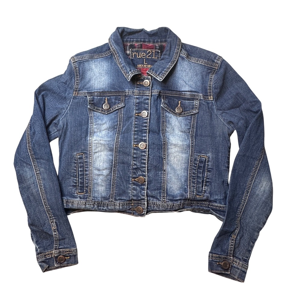 rue21 Denim‎ Jacket Girls L Blue Plaid Lined Cropped Trucker Jean Jacket Stretch